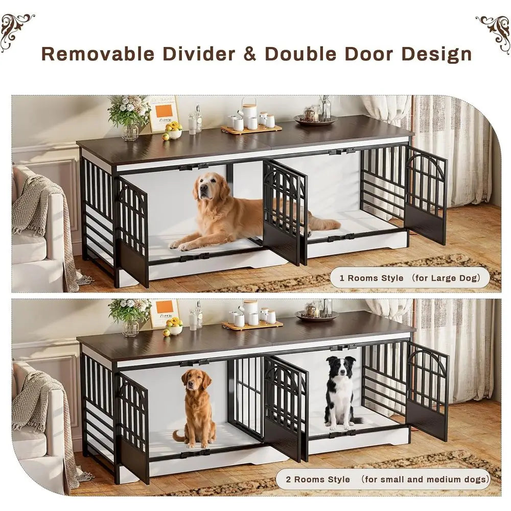 86 Double-Deck Dog Crate, XL Kennel for Indoor or Dual Dogs, Sturdy Cage w/ Divider, Wooden Table TV Stand for Large Dogs (White