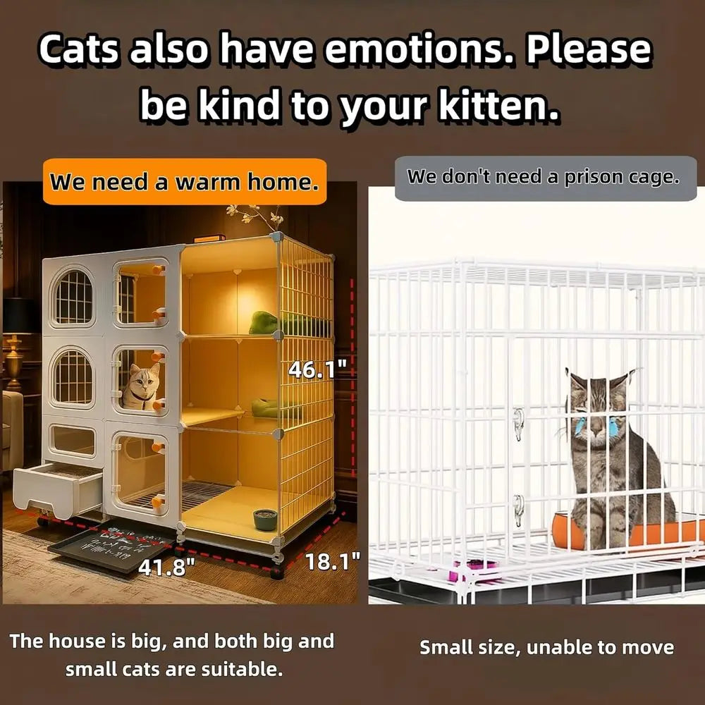 cat cage Indoor with Litter Box, Complimentary Bed, Bowl,Cleaning Three Piece Set,Large cat Enclosure, Cat House with Wheels Out
