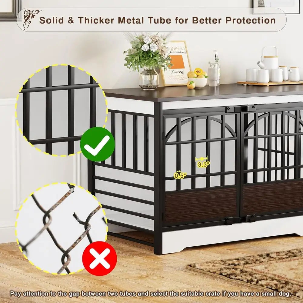 86 Double-Deck Dog Crate, XL Kennel for Indoor or Dual Dogs, Sturdy Cage w/ Divider, Wooden Table TV Stand for Large Dogs (White