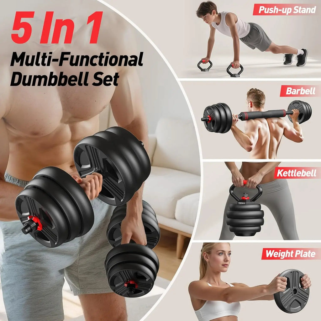 Adjustable dumbbell set,70lbs Free Weights set with upgraded nut, 5 in 1 Weight Set Used as Kettlebells, Barbell, Push up Stand