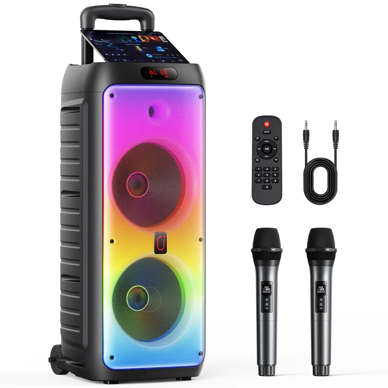 T38 Large Bluetooth Speaker, Wireless Speaker with Wheels and Push Rod, Karaoke Machine with Two Microphones With Tws
