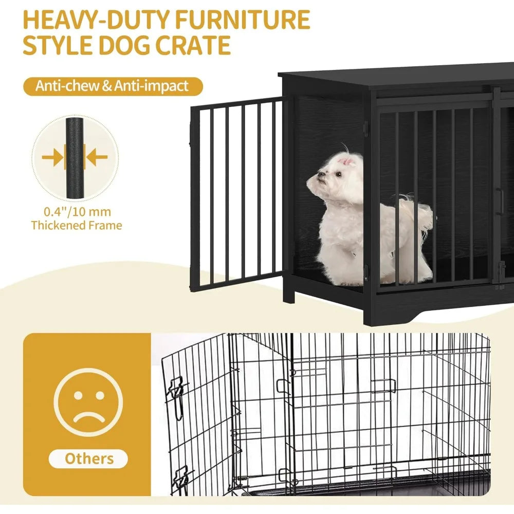 Dog Crate Furniture with Barn Door, Heavy Duty Dog Kennel Indoor with 2 Doors, Wooden Pet Cage End Table for Small Medium