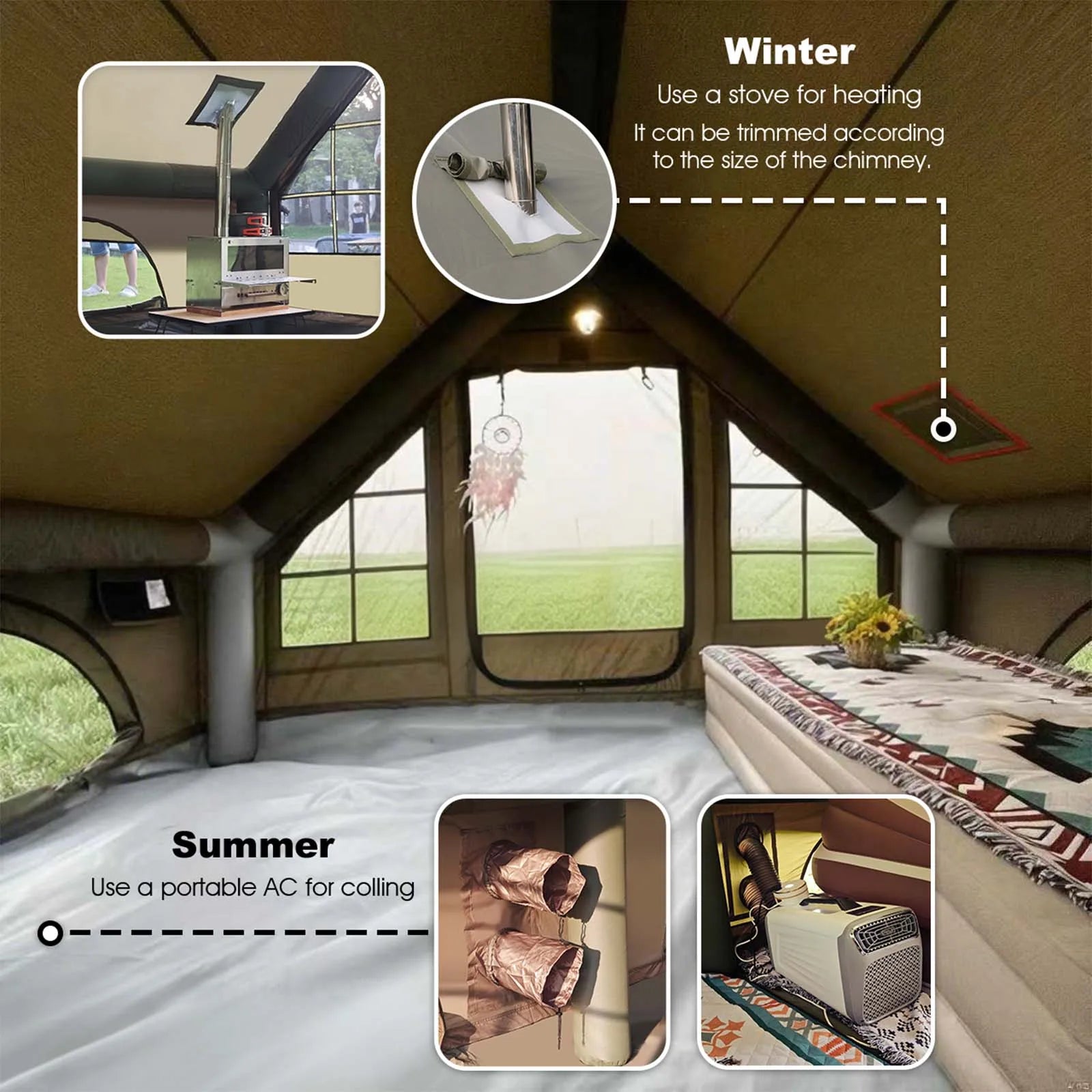 13'x10' Large Inflatable Tent for Camping 8-10 Person, 4 Season Luxury Air Tent with Stove Jack for Outdoor Christmas Camping