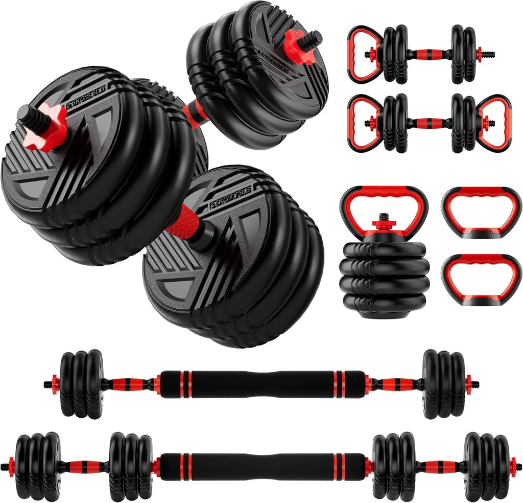 5-in-1 Adjustable Dumbbell Set Converts to Barbell & Kettlebell, 10-90lbs Weight for Home Gym Strength Training