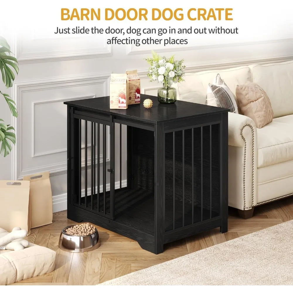 Dog Crate Furniture with Barn Door, Heavy Duty Dog Kennel Indoor with 2 Doors, Wooden Pet Cage End Table for Small Medium