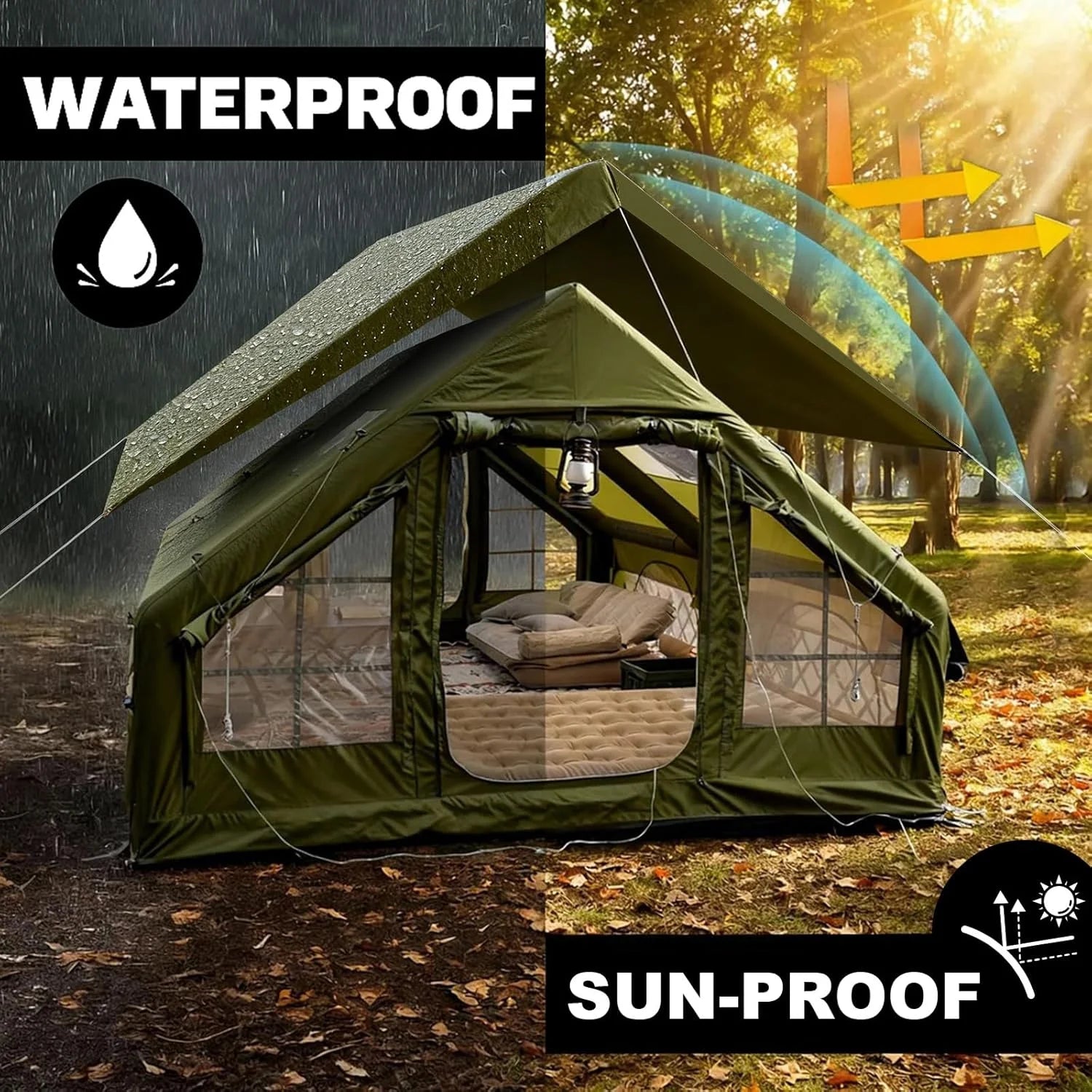 13'x10' Large Inflatable Tent for Camping 8-10 Person, 4 Season Luxury Air Tent with Stove Jack for Outdoor Christmas Camping