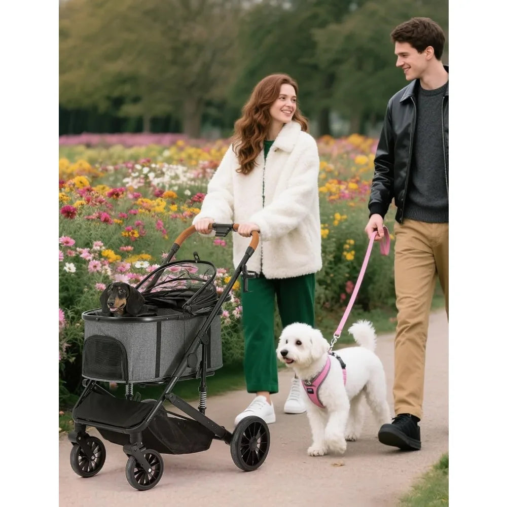 Stroller for Small/Medium Dogs Up to 60lbs, 4 Wheels Folding Pet Stroller with Detachable Carrier, Pet Travel Carrier for Pu