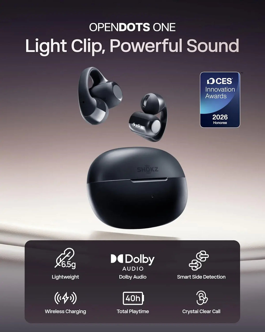 Open-Ear Clip-On Wireless Bluetooth Earbuds with Microphone, Dolby Audio, Water Resistant, Fast Charging, 40 Hours Playtime