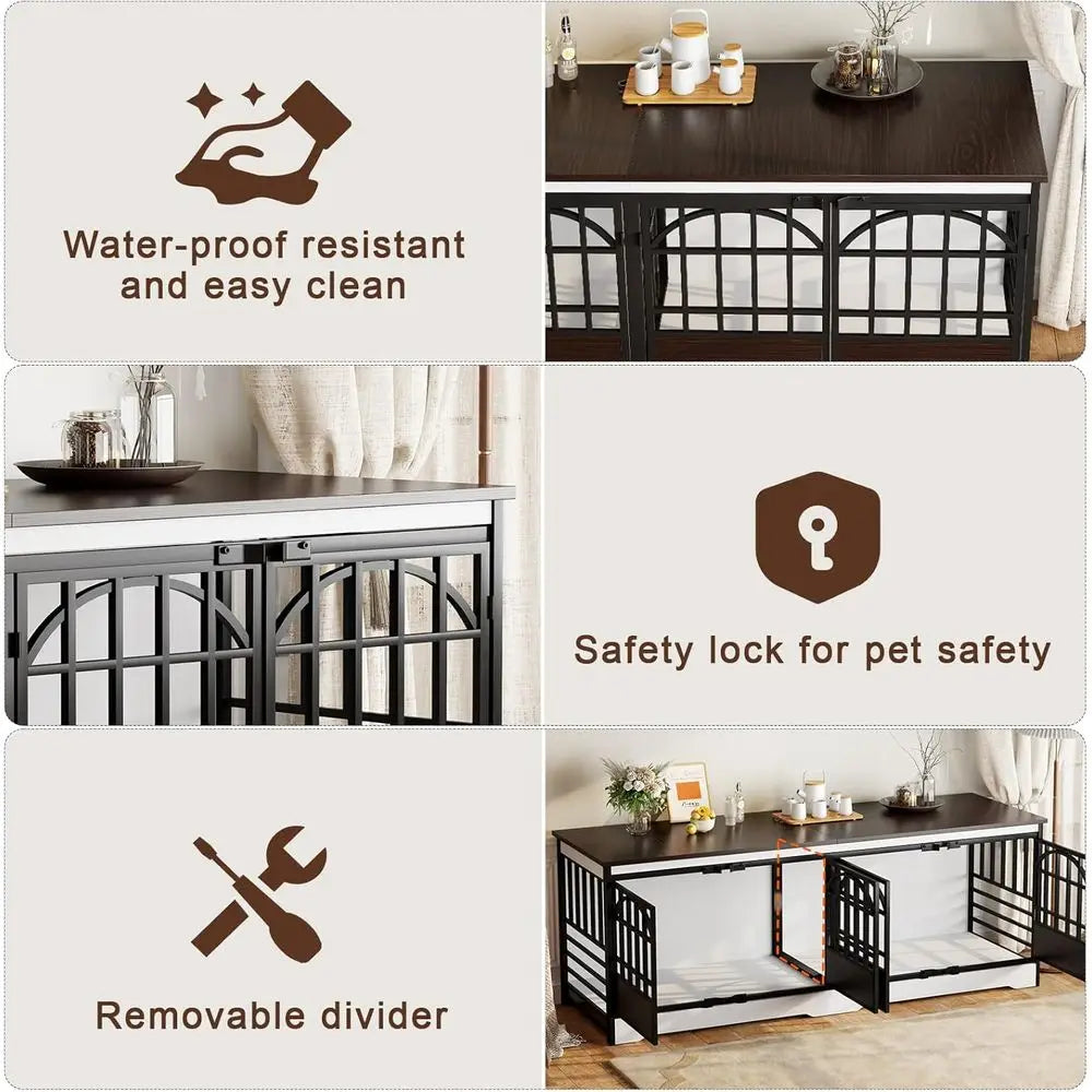 86 Double-Deck Dog Crate, XL Kennel for Indoor or Dual Dogs, Sturdy Cage w/ Divider, Wooden Table TV Stand for Large Dogs (White