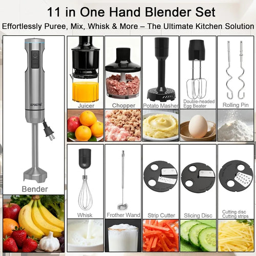 1000W 11 in 1 Handheld Immersion Blender Kit for Smoothie Juice Meat Milk Egg Dough Veg Potato