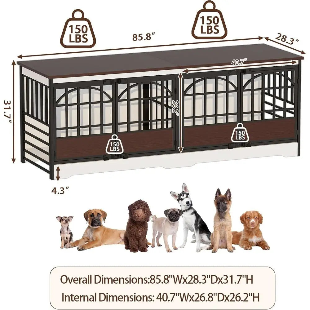 86 Double-Deck Dog Crate, XL Kennel for Indoor or Dual Dogs, Sturdy Cage w/ Divider, Wooden Table TV Stand for Large Dogs (White