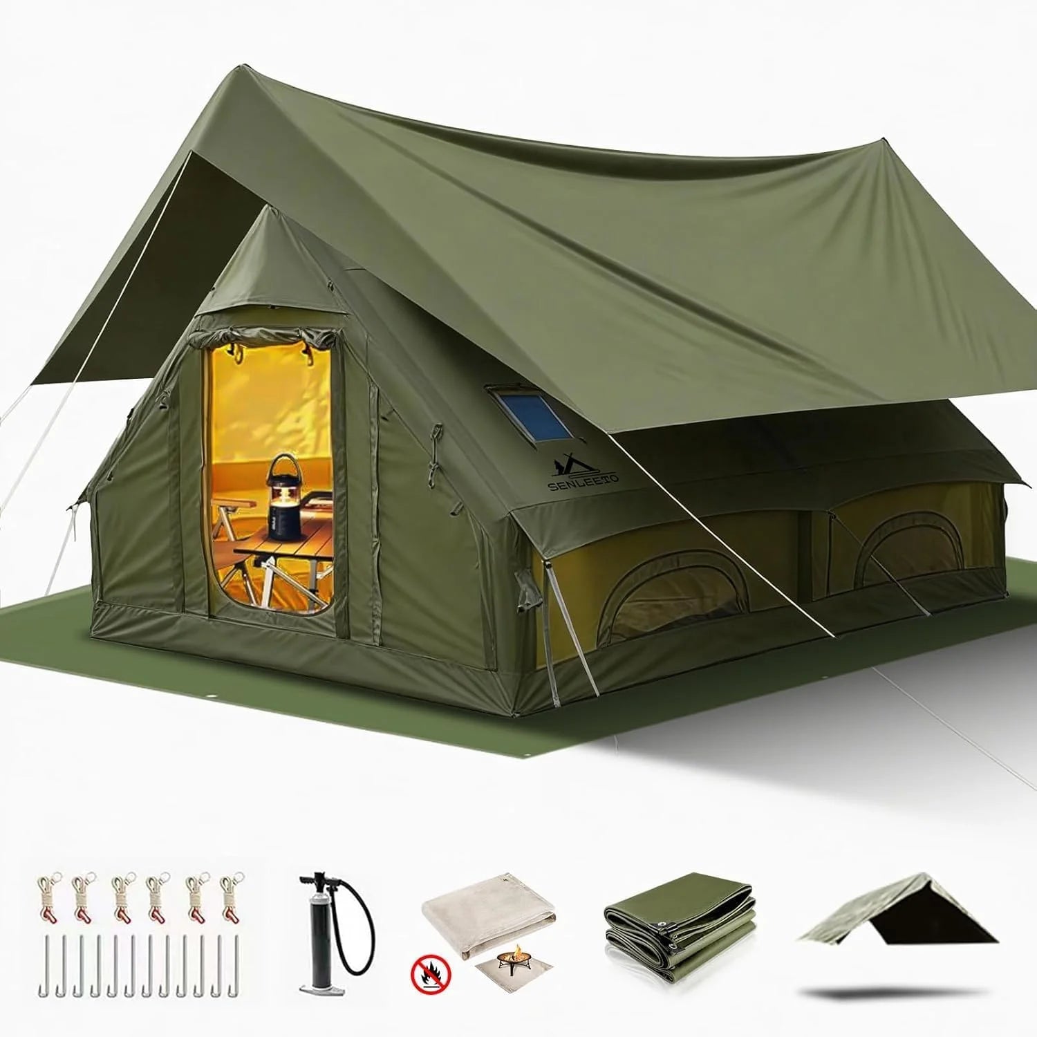 13'x10' Large Inflatable Tent for Camping 8-10 Person, 4 Season Luxury Air Tent with Stove Jack for Outdoor Christmas Camping