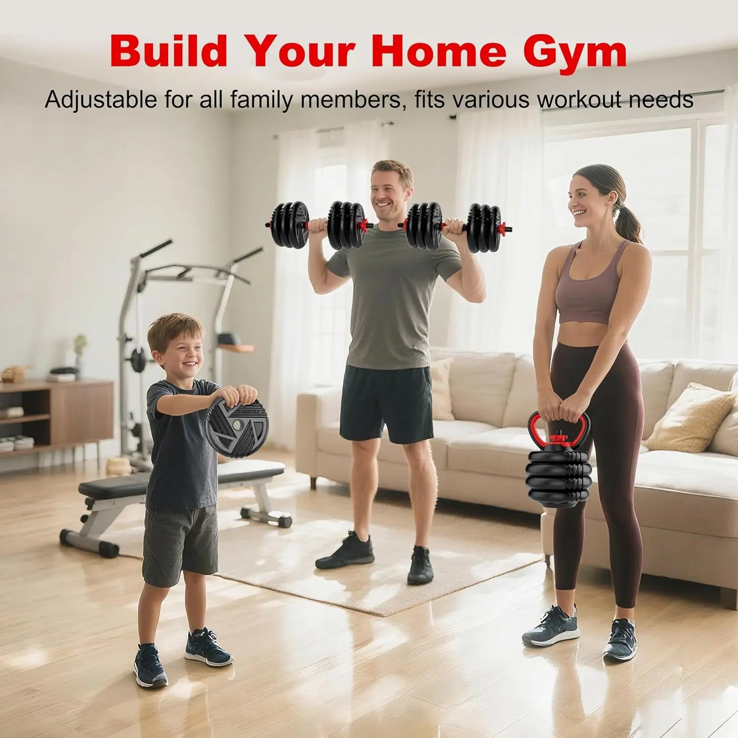 5-in-1 Adjustable Dumbbell Set Converts to Barbell & Kettlebell, 10-90lbs Weight for Home Gym Strength Training