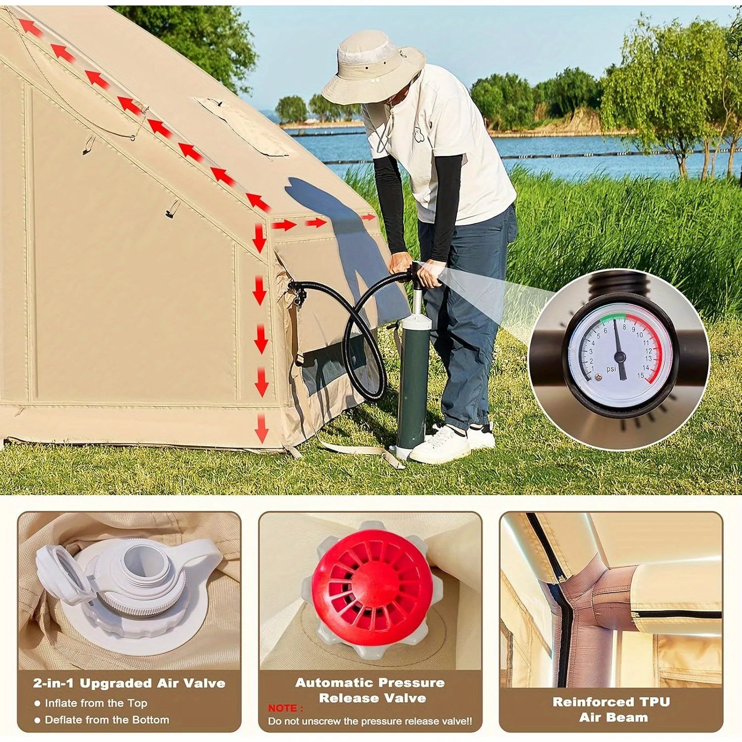 Inflatable Camping Tent, Zipper Door Easy Inflatable Tent, 2/4/6/8 Person Inflatable Tent, Large House Ch Style, Four Seasons