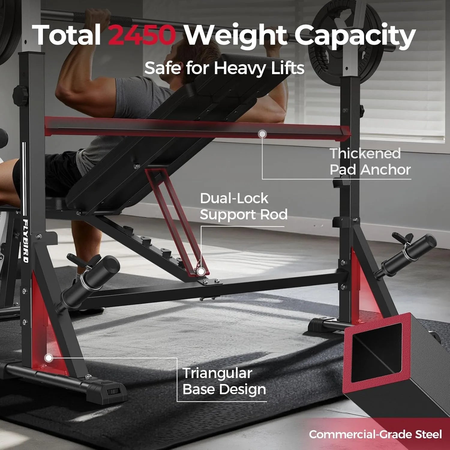 FLYBIRD Adjustable Weight Bench, with Bench Press Rack, Leg Extension and Leg curl, for Home Gym Workout，47IN-Width