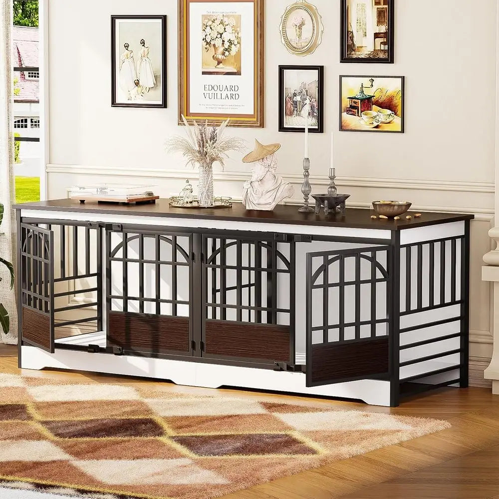 86 Double-Deck Dog Crate, XL Kennel for Indoor or Dual Dogs, Sturdy Cage w/ Divider, Wooden Table TV Stand for Large Dogs (White