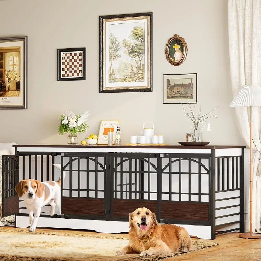 86 Double-Deck Dog Crate, XL Kennel for Indoor or Dual Dogs, Sturdy Cage w/ Divider, Wooden Table TV Stand for Large Dogs (White