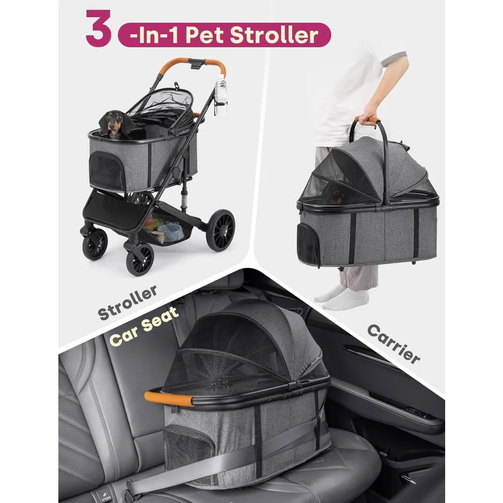 Stroller for Small/Medium Dogs Up to 60lbs, 4 Wheels Folding Pet Stroller with Detachable Carrier, Pet Travel Carrier for Pu