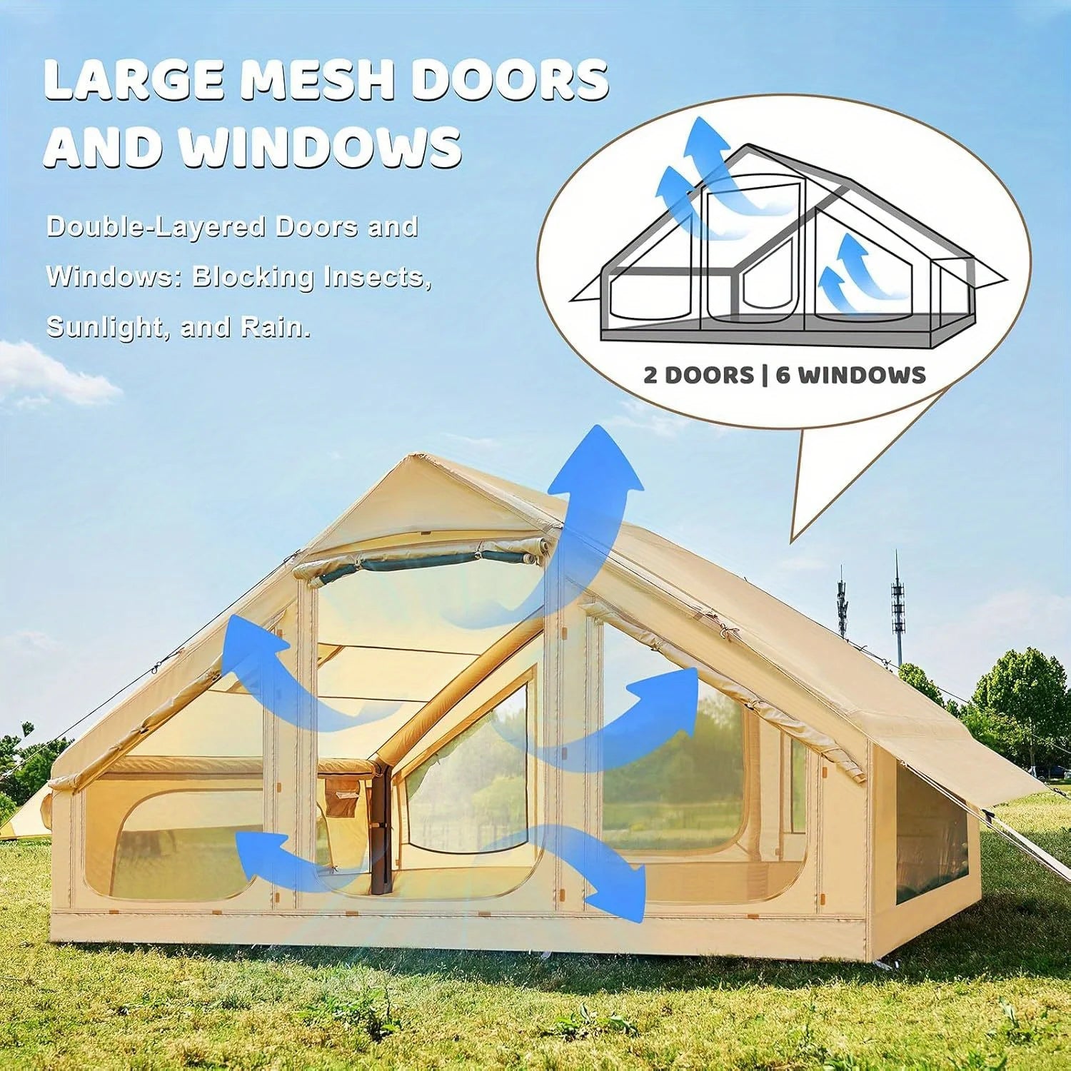 Inflatable Camping Tent, Zipper Door Easy Inflatable Tent, 2/4/6/8 Person Inflatable Tent, Large House Ch Style, Four Seasons