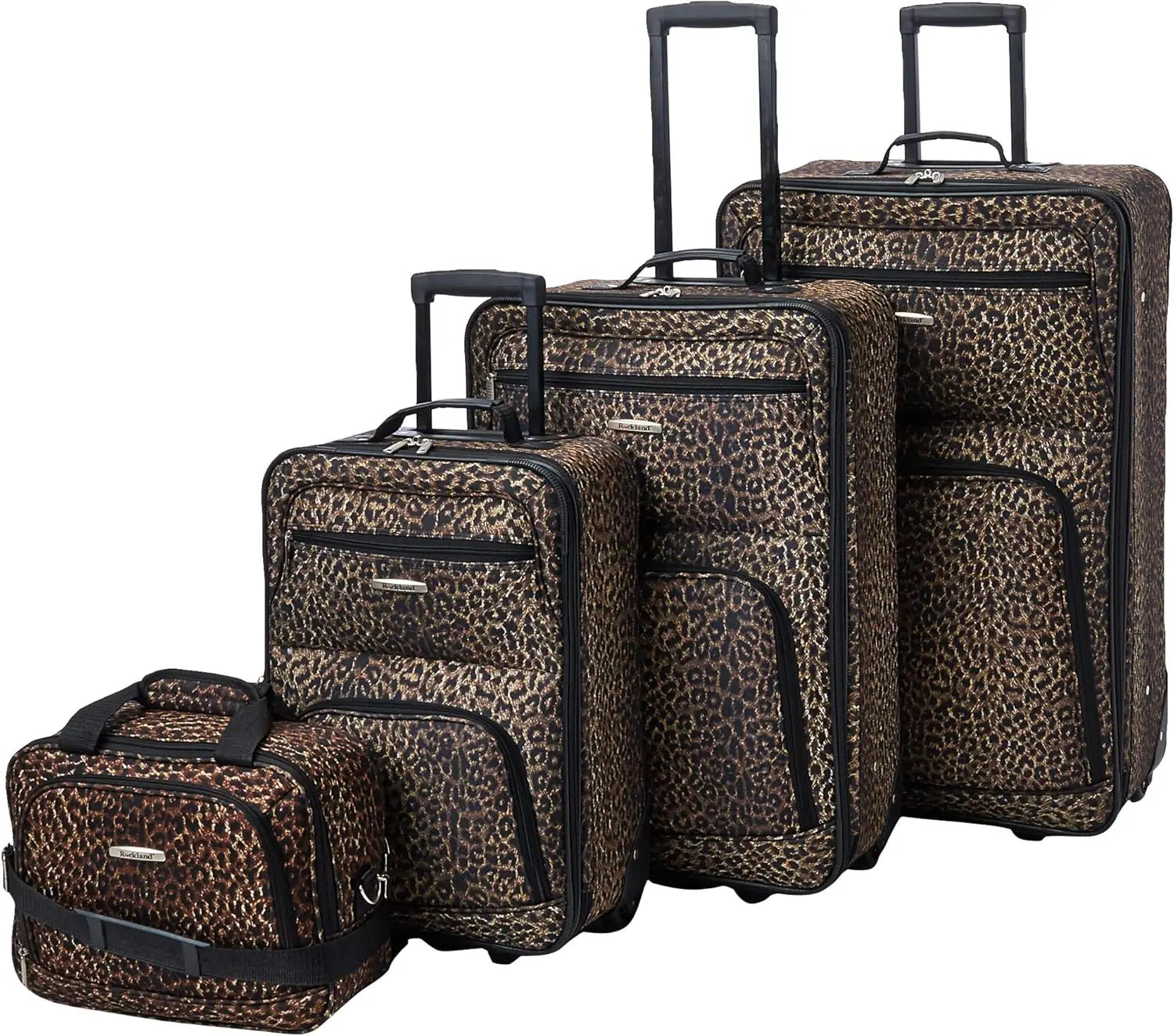 4-Piece Leopard Print Softside Luggage Set with Telescoping Handle, Sizes 14/19/24/28 Inches