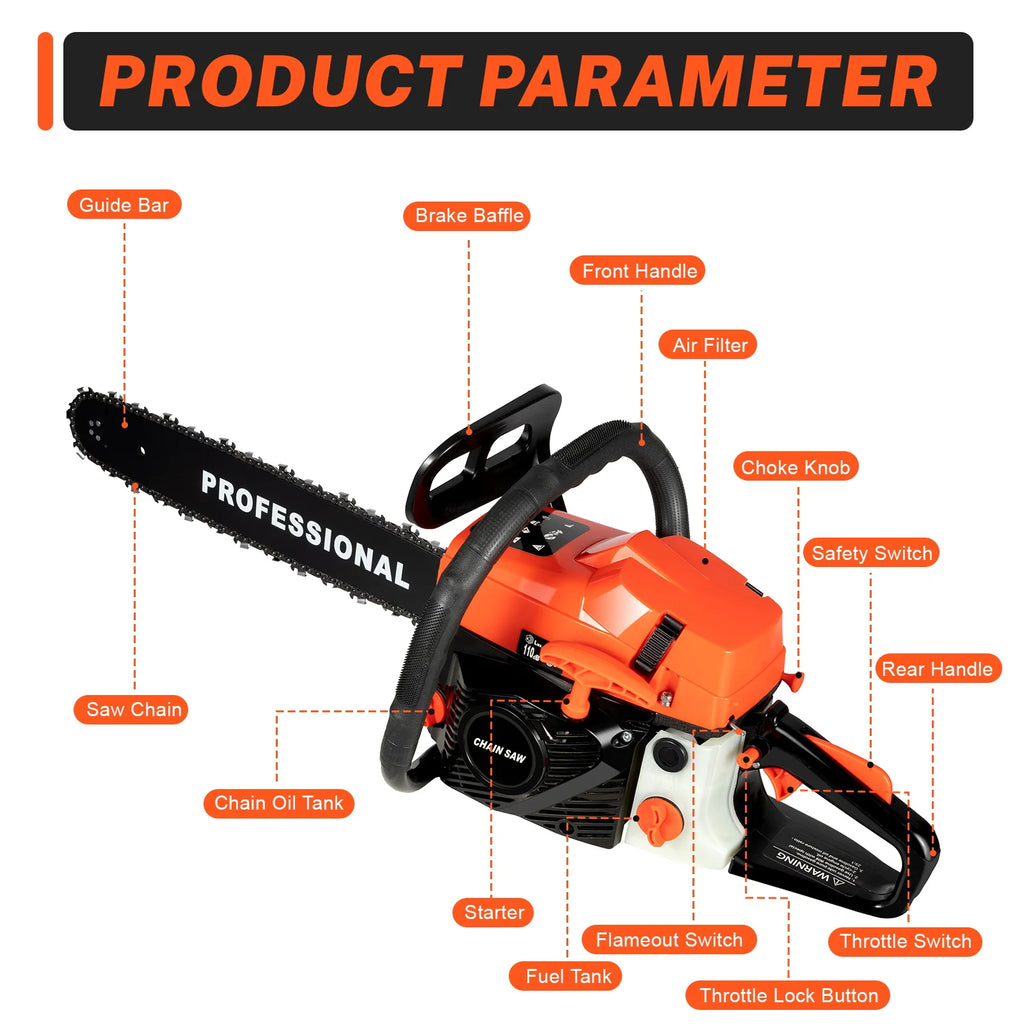 20 Inch 58CC Chainsaw 2600W Power Chain Saws Gas Powered 2 Stroke Handed Petrol Gasoline Chain Saw for Cutting Wood