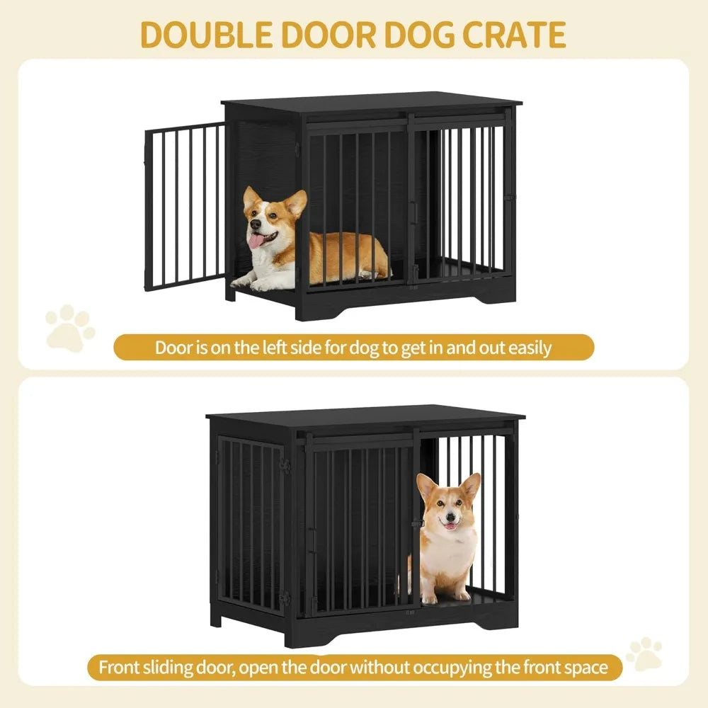 Dog Crate Furniture with Barn Door, Heavy Duty Dog Kennel Indoor with 2 Doors, Wooden Pet Cage End Table for Small Medium