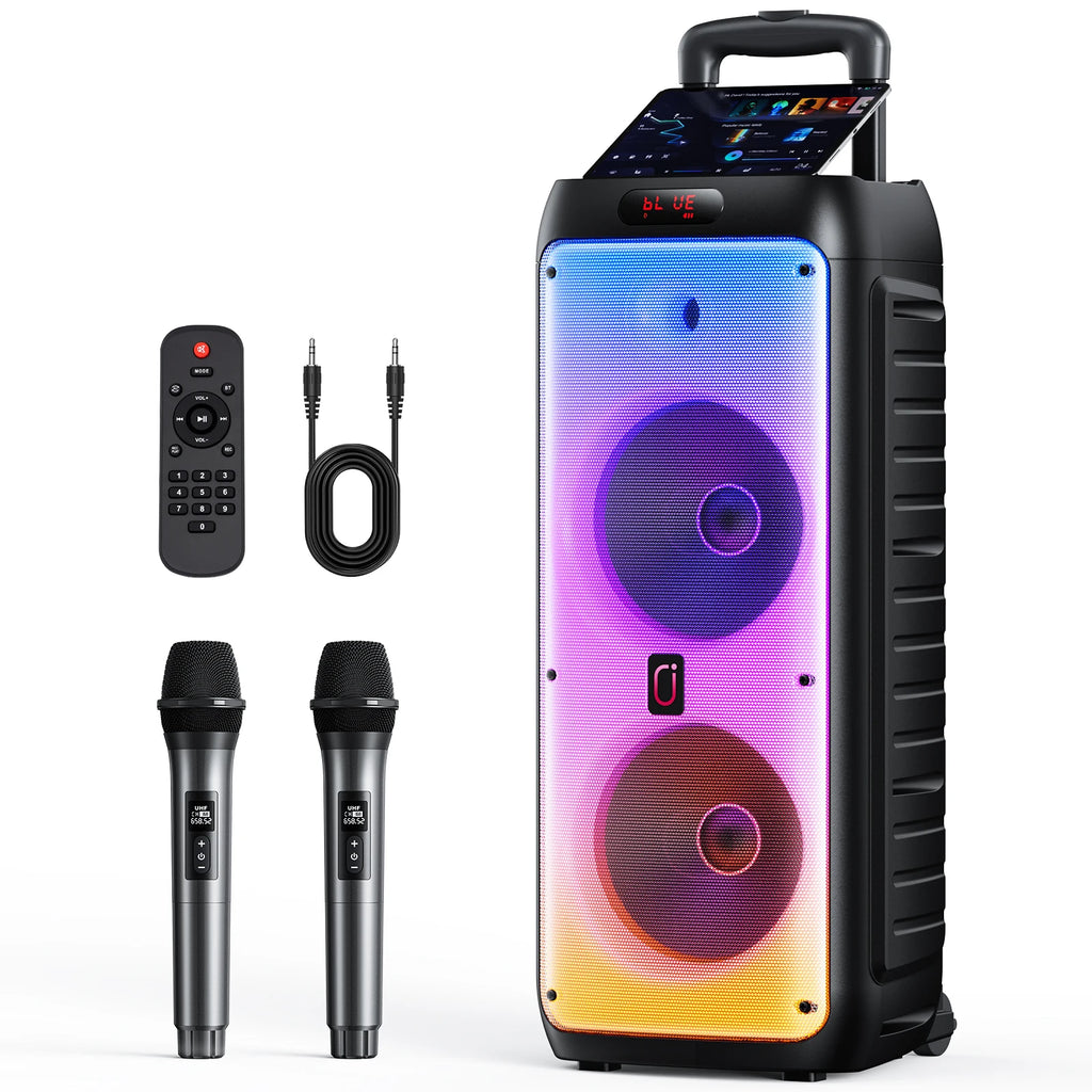 T38 Large Bluetooth Speaker, Wireless Speaker with Wheels and Push Rod, Karaoke Machine with Two Microphones With Tws
