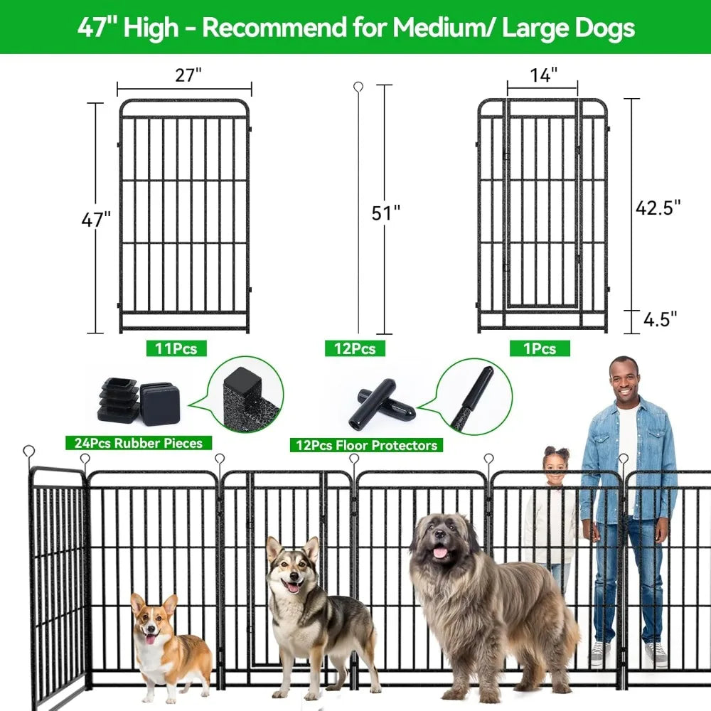 Dog Fence Outdoor 12 Piece Panels 47 Height, Square Steel Pipe with Reinforced Crossbars, Anti-Rust Heavy Duty Dog Playpen with