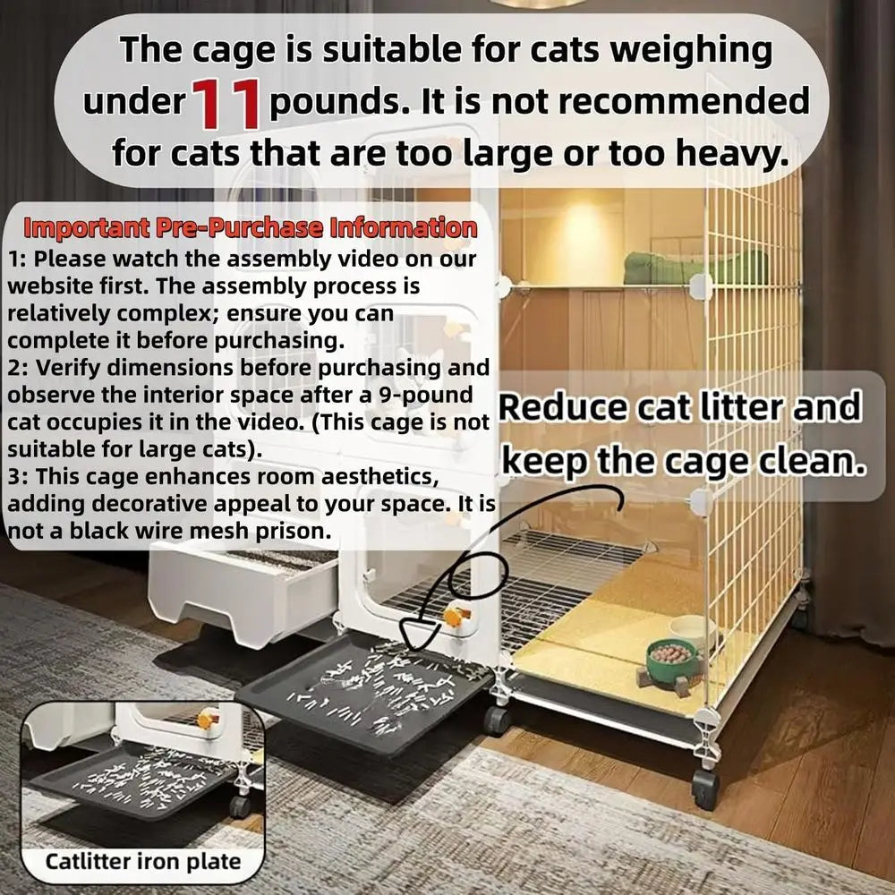 cat cage Indoor with Litter Box, Complimentary Bed, Bowl,Cleaning Three Piece Set,Large cat Enclosure, Cat House with Wheels Out