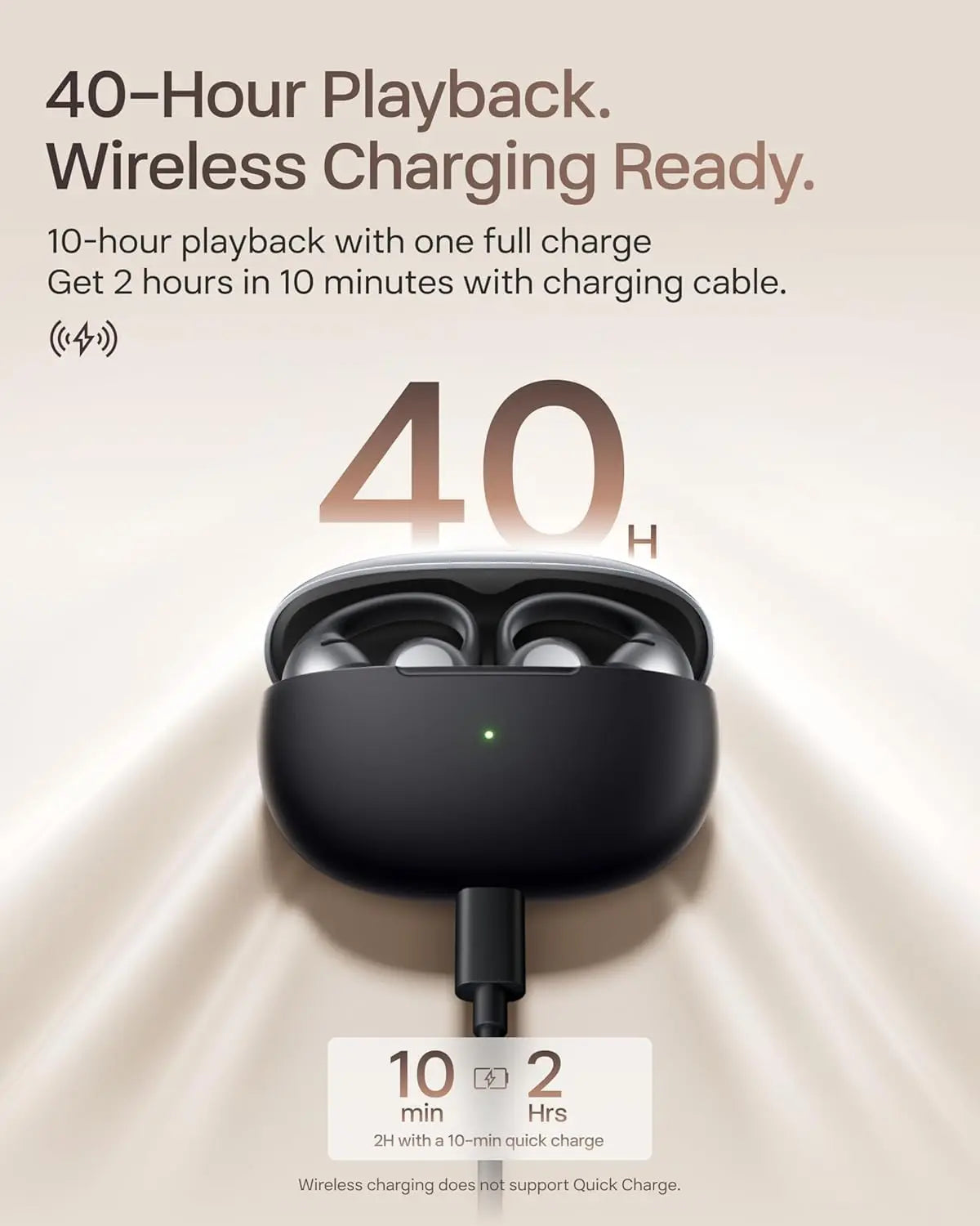 Open-Ear Clip-On Wireless Bluetooth Earbuds with Microphone, Dolby Audio, Water Resistant, Fast Charging, 40 Hours Playtime
