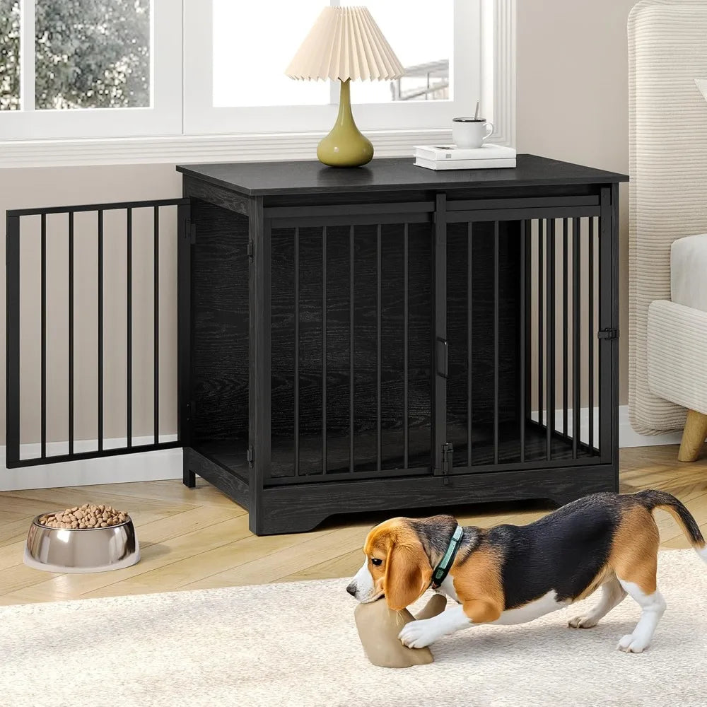 Dog Crate Furniture with Barn Door, Heavy Duty Dog Kennel Indoor with 2 Doors, Wooden Pet Cage End Table for Small Medium