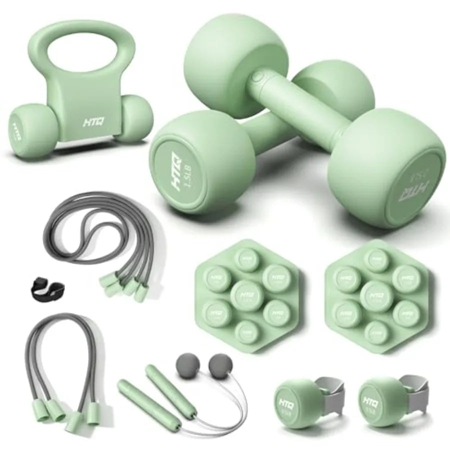 Adjustable Dumbbell Set 0.5-20 lbs for Women Home Gym Workout Equipment Green Pink with Wrist Weights Resistance Bands Jump Rop