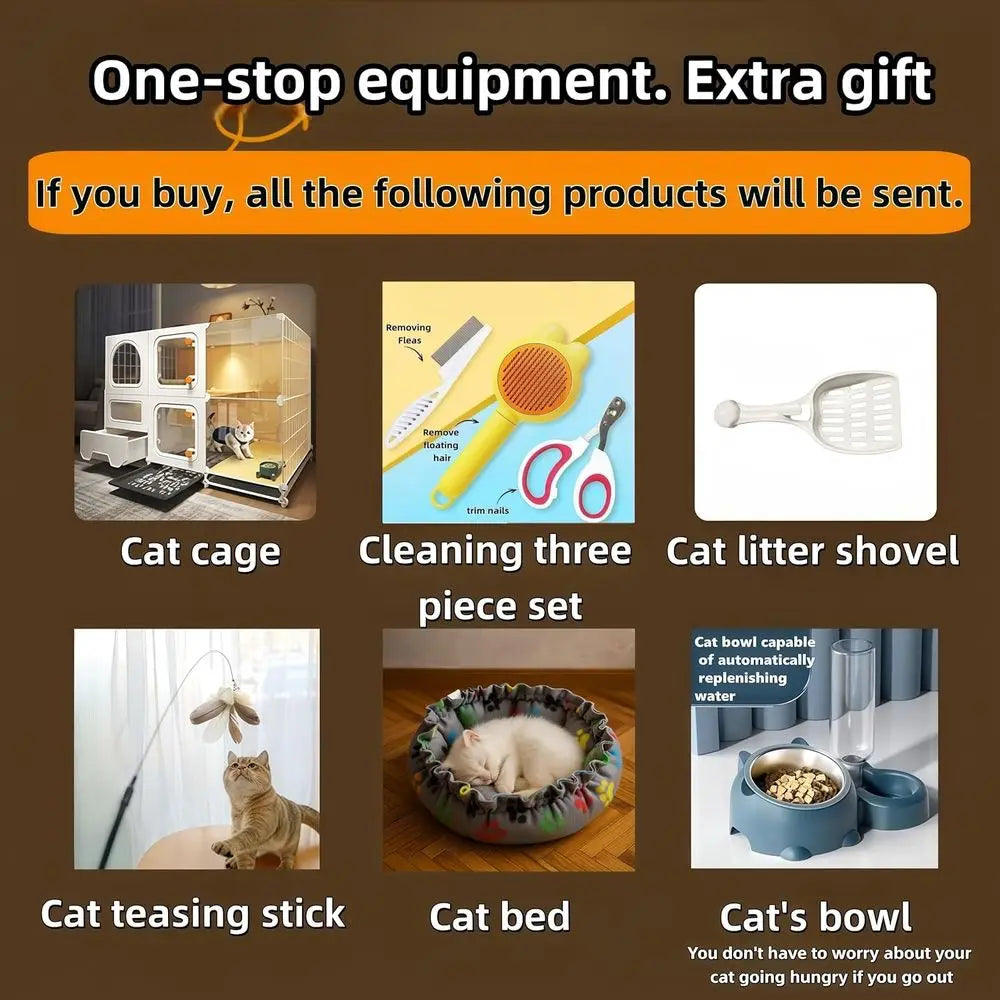 cat cage Indoor with Litter Box, Complimentary Bed, Bowl,Cleaning Three Piece Set,Large cat Enclosure, Cat House with Wheels Out