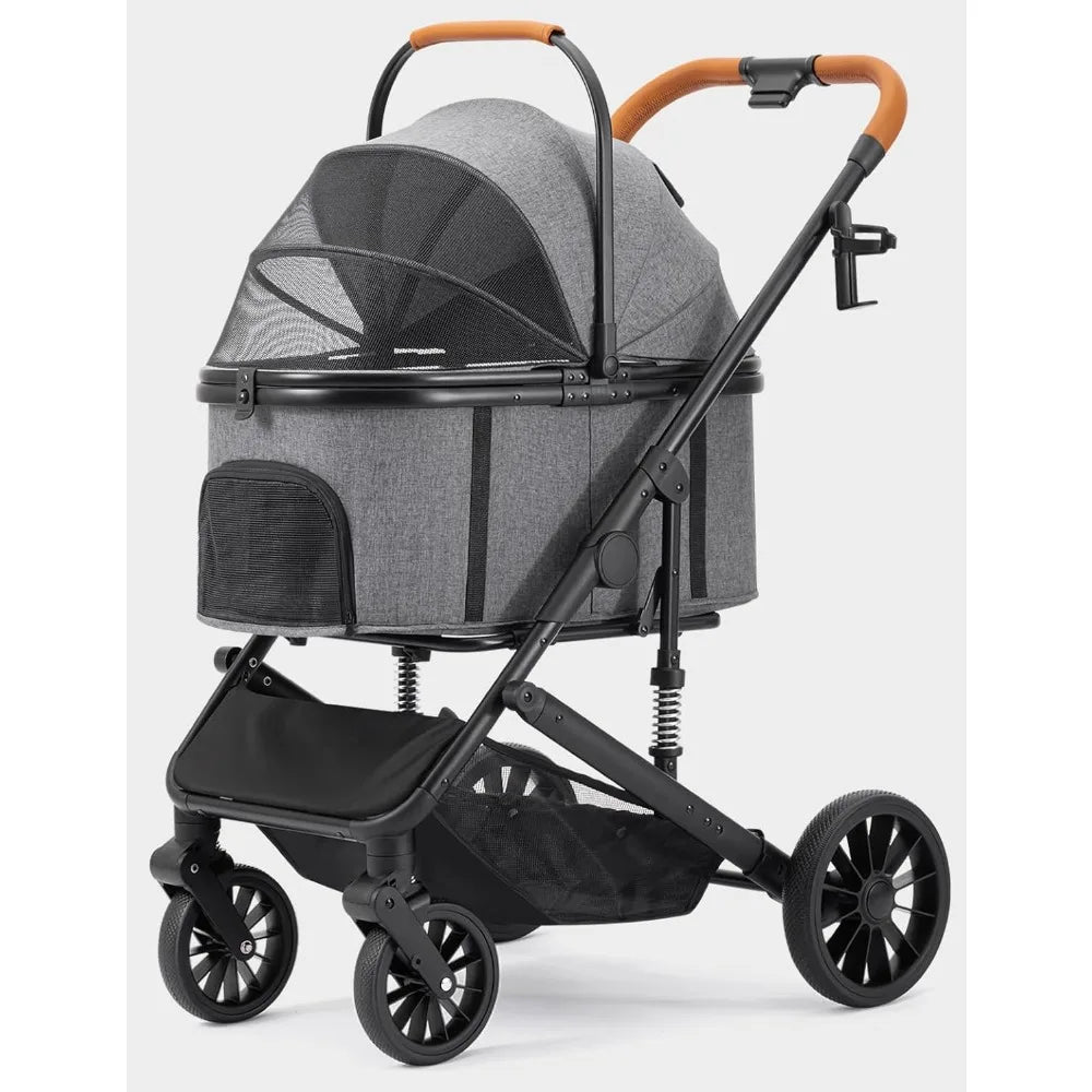Stroller for Small/Medium Dogs Up to 60lbs, 4 Wheels Folding Pet Stroller with Detachable Carrier, Pet Travel Carrier for Pu