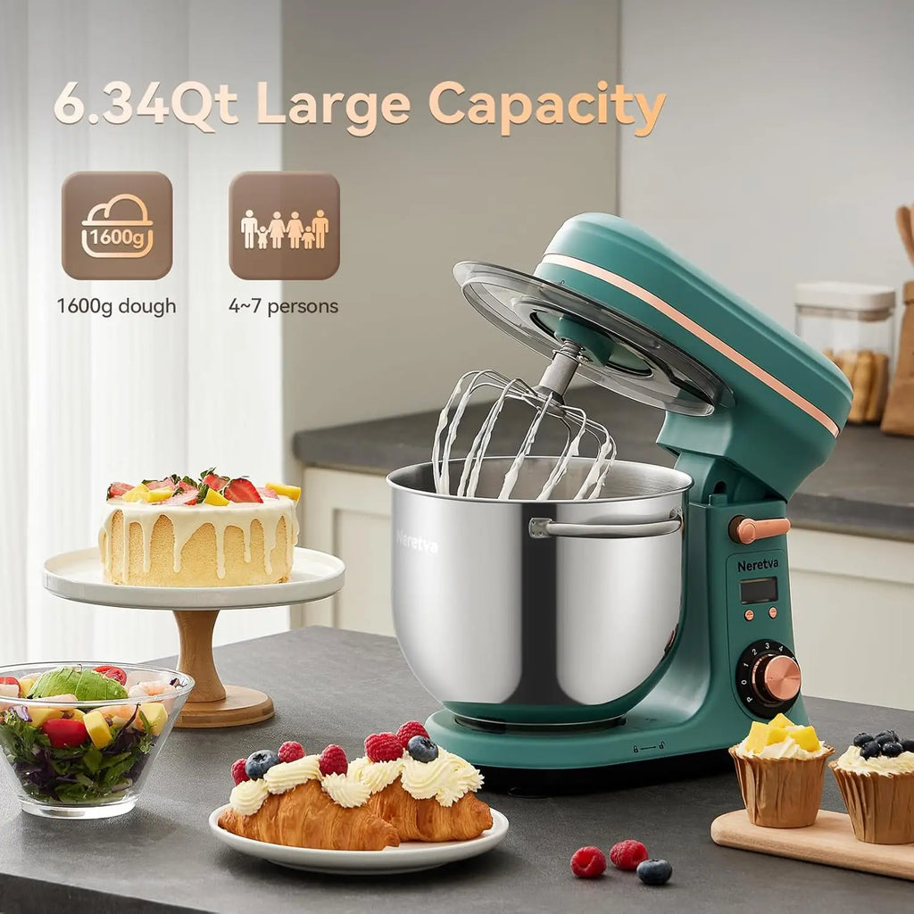 6.34QT 400W Electric Stand Mixer with LED Display, 6 Speeds, Stainless Steel Bowl & Attachments for Large Capacity Kitchen Use