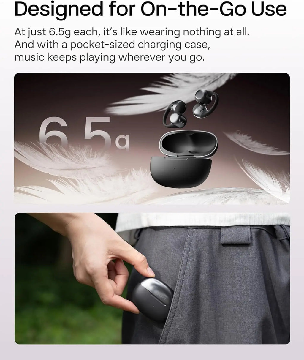 Open-Ear Clip-On Wireless Bluetooth Earbuds with Microphone, Dolby Audio, Water Resistant, Fast Charging, 40 Hours Playtime